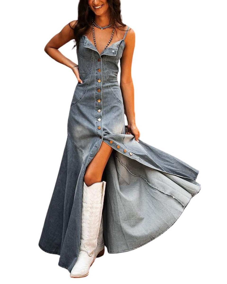Chouyatou Women's Spaghetti Strap Smocked Back Denim Dress Button Down A-Line Swing Flowy Maxi Jean Dress