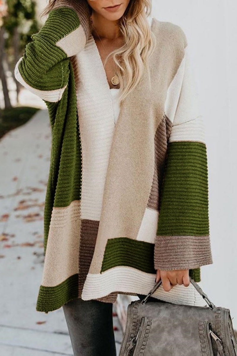 Chouyatou Women's Fall Geometric Color Block Open Front Cardigan Sweater Elegant Casual Oversized Coatigan Coat