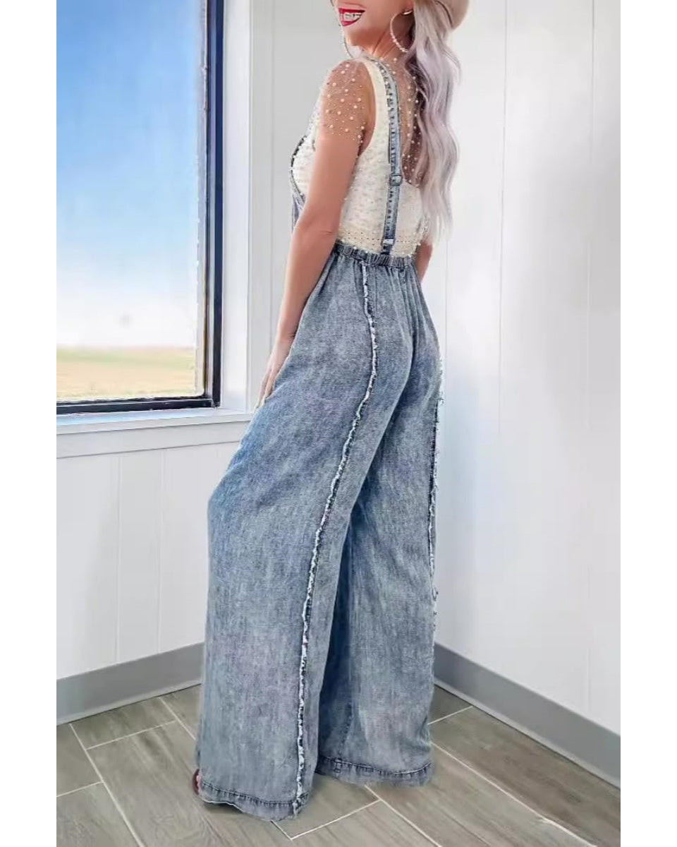 Chouyatou Denim Overalls for Women Casual Adjustable Straps Wide Leg Raw Hem Jeans Bib Overalls Jumpsuits