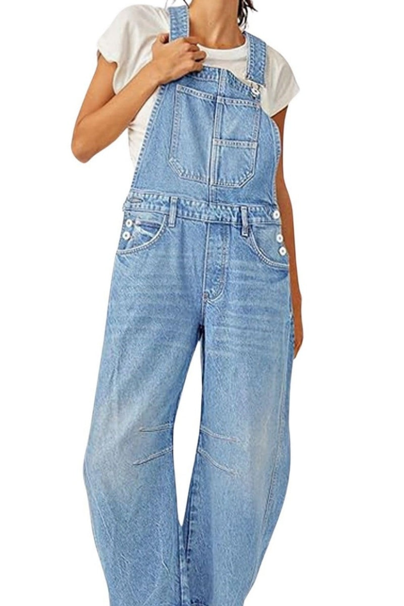 Chouyatou Women Y2k Baggy Barrel Jeans Overalls Wide Leg Denim Pants Bib Overalls Jumpsuit Boyfriend Patchwork Jeans