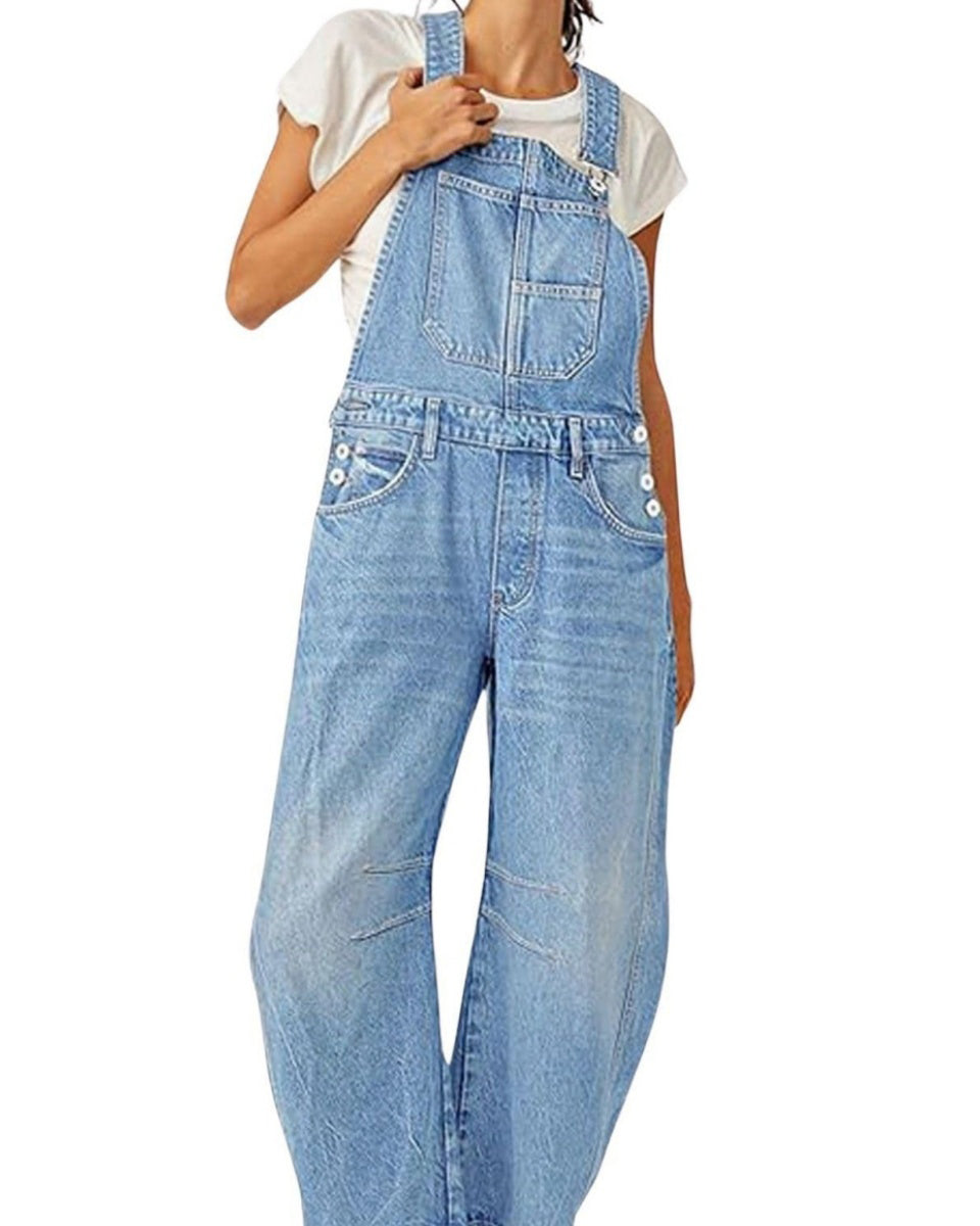 Chouyatou Women Y2k Baggy Barrel Jeans Overalls Wide Leg Denim Pants Bib Overalls Jumpsuit Boyfriend Patchwork Jeans