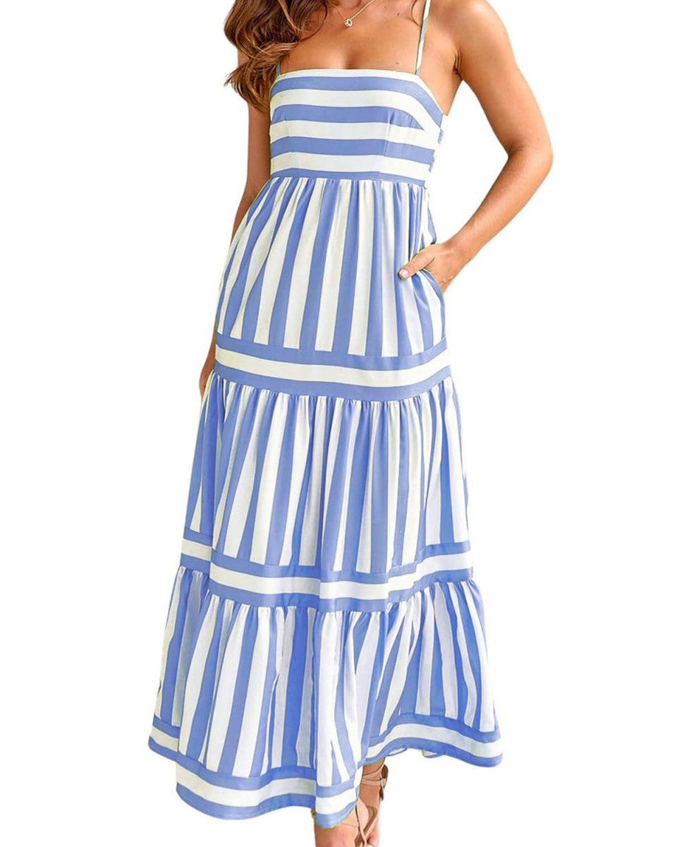 Chouyatou Women Spaghetti Strap Back Smocked Maxi Striped Dress Summer Casual Floral Flowy Beach Sun Dress