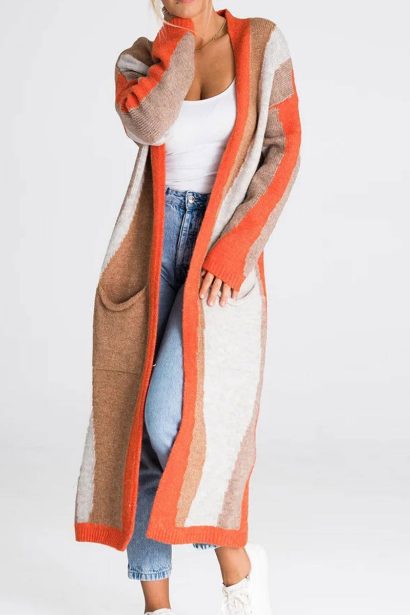 Chouyatou Women's Fall Open Front Color Block Long Cardigan Sweater Coat Casual Vertical Striped Coatigan