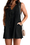 Chouyatou Womens Casual Sleeveless Tie Front Denim Romper Overall Shorts Summer Jean Romper With Pocket