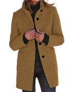 Chouyatou Women Winter Long Pea Coat Wool Blend Stand Collar Single Breast Thicken Blazer Jacket