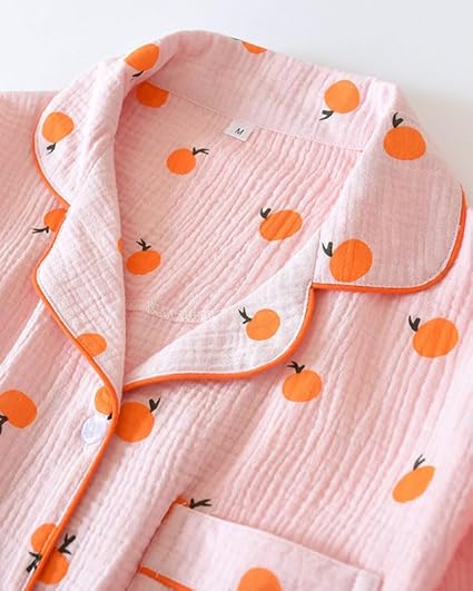 VCTOPS Womens Cotton Gauze Sleepwear  Pajama Set Long Sleeve Button Up Shirt and Pants 2 Piece Cute Printed Pj Set