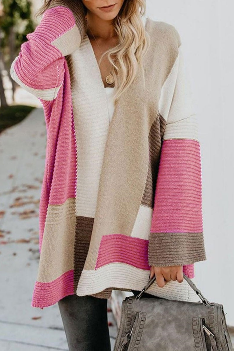 Chouyatou Women's Fall Geometric Color Block Open Front Cardigan Sweater Elegant Casual Oversized Coatigan Coat