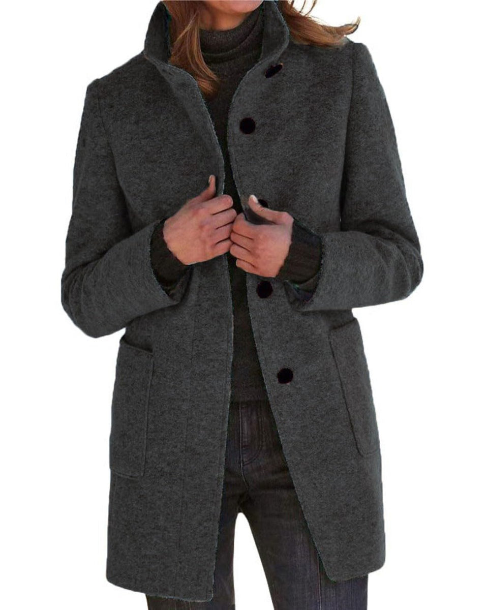 Chouyatou Women Winter Long Pea Coat Wool Blend Stand Collar Single Breast Thicken Blazer Jacket