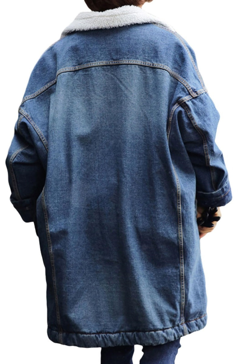 Chouyatou Women Long Sherpa Fleece Lined Jeans Jacket Denim Trench Coat Thicken Button Down Patchwork Trucker Coat