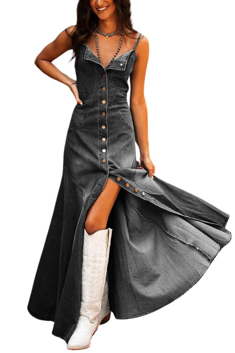 long denim dress spaghetti strap SHEIN CURVE+ Plus Size Women's Loose Denim Long Dress With Spaghetti Straps, Blue (No Waist Chain)
