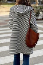 Chouyatou Women's Color Block Striped Hooded Cardigan Sweaters Button Down Long Coatigan Jackets with Pockets
