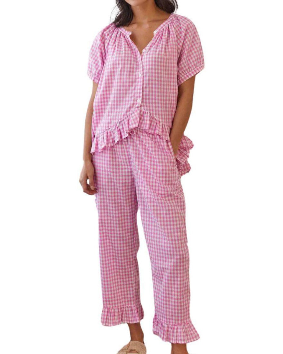 Chouyatou Womens Gingham Pajama Set 2 Piece Short Sleeve Babydoll Shirt and Pants Lounge Set Cute Sleepwear