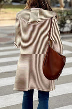 Chouyatou Women's Color Block Striped Hooded Cardigan Sweaters Button Down Long Coatigan Jackets with Pockets