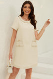 Chouyatou Women's Short Sleeve Crew Neck Tweed Dress A-line Button Part Elegant Mini Dresses