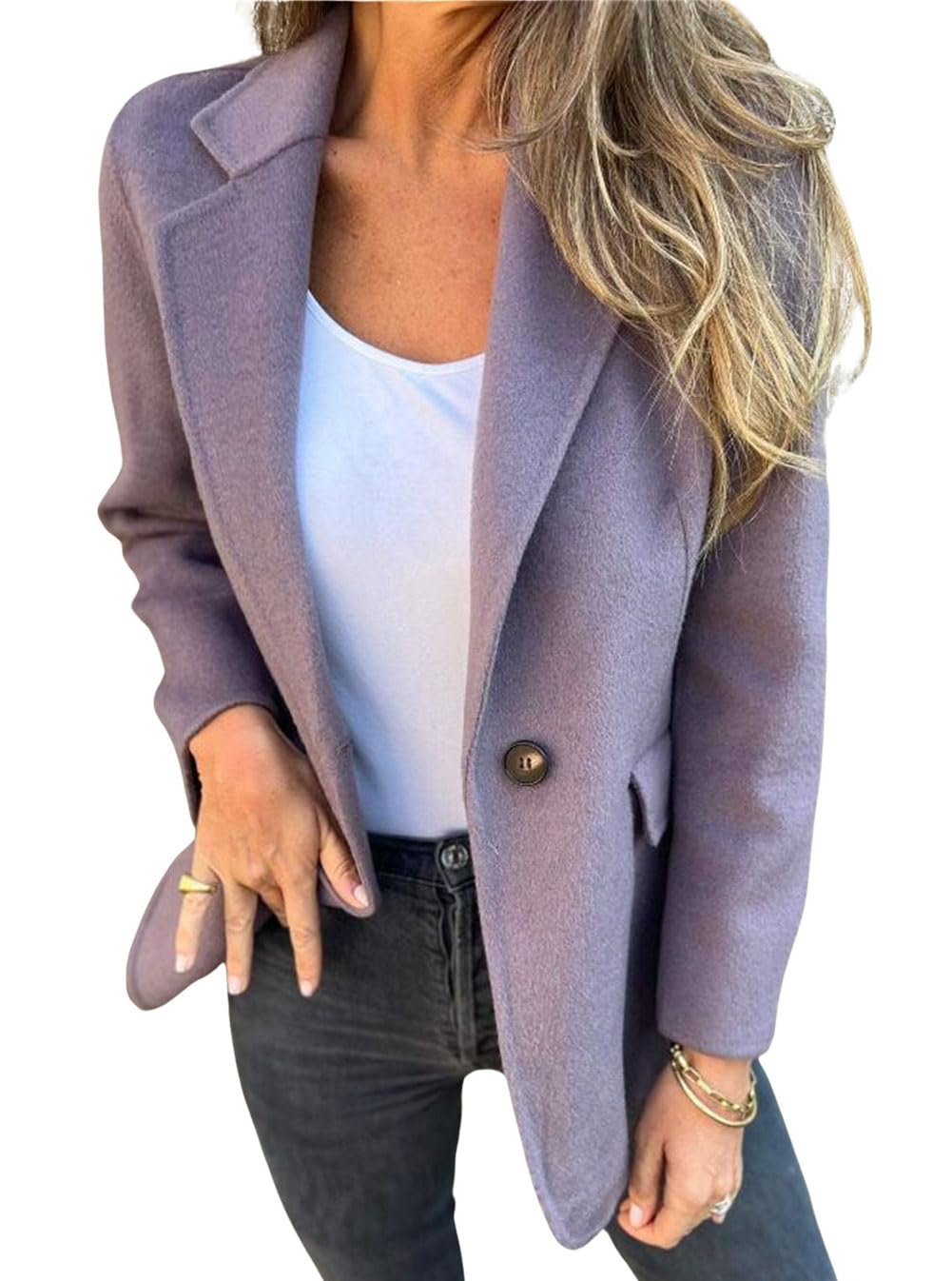Chouyatou Women Solid Color Blazer Wool Blend Causal Business Office Open Front Short Jacket Pea Coat