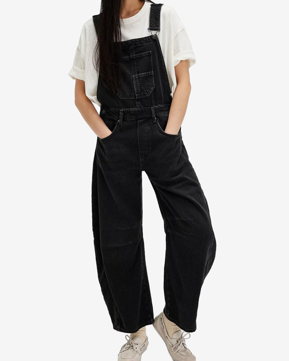 Chouyatou Women Y2k Baggy Barrel Jeans Overalls Wide Leg Denim Pants Bib Overalls Jumpsuit Boyfriend Patchwork Jeans