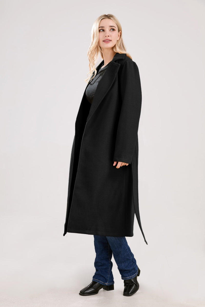 Chouyatou Womens Long Wool Pea Coats Notched Collar Open Front Woolen Blend Trench Coat with Belt