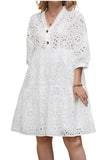 Chouyatou Women's 2025 Eyelet Lace Midi Dress V Neck Puff 3/4 Sleeve Button Tiered Sexy A Line Sun Dress