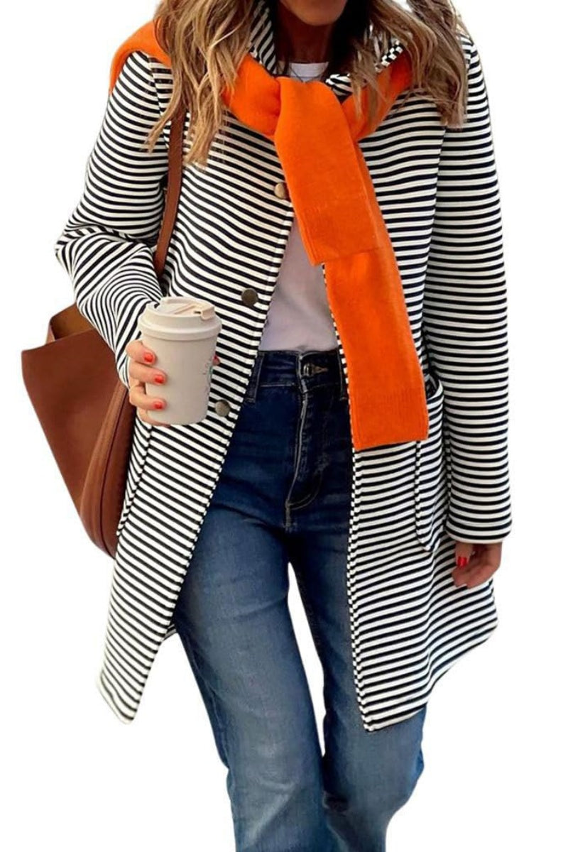 Chouyatou Women's Color Block Striped Hooded Cardigan Sweaters Button Down Long Coatigan Jackets with Pockets