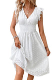 Chouyatou Women's 2024 Eyelet Lace Embroidery Smocked Waist Party Dress Sexy Flutter Sleeve A Line Midi Long Sun Dress