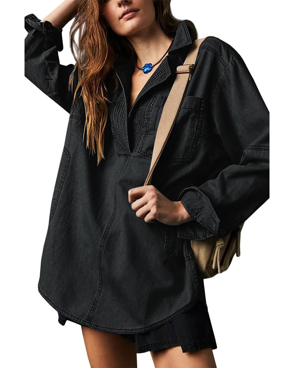 Chouyatou Women's Distressed V Neck Denim Jackets Boyfriend Loose Fit Bussiness Casual Jean Pullover Tops