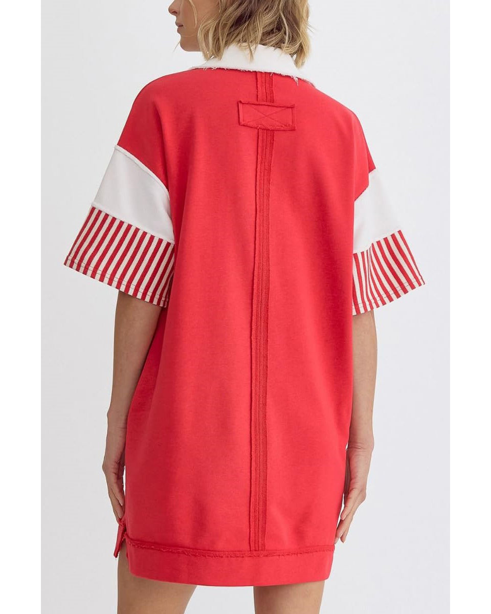 Chouyatou Women's Summer V-Neck Polo Collared Mini Dress Loose Casual Striped Splicing T-Shirt Dress