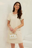 Chouyatou Women's Short Sleeve Crew Neck Tweed Dress A-line Button Part Elegant Mini Dresses