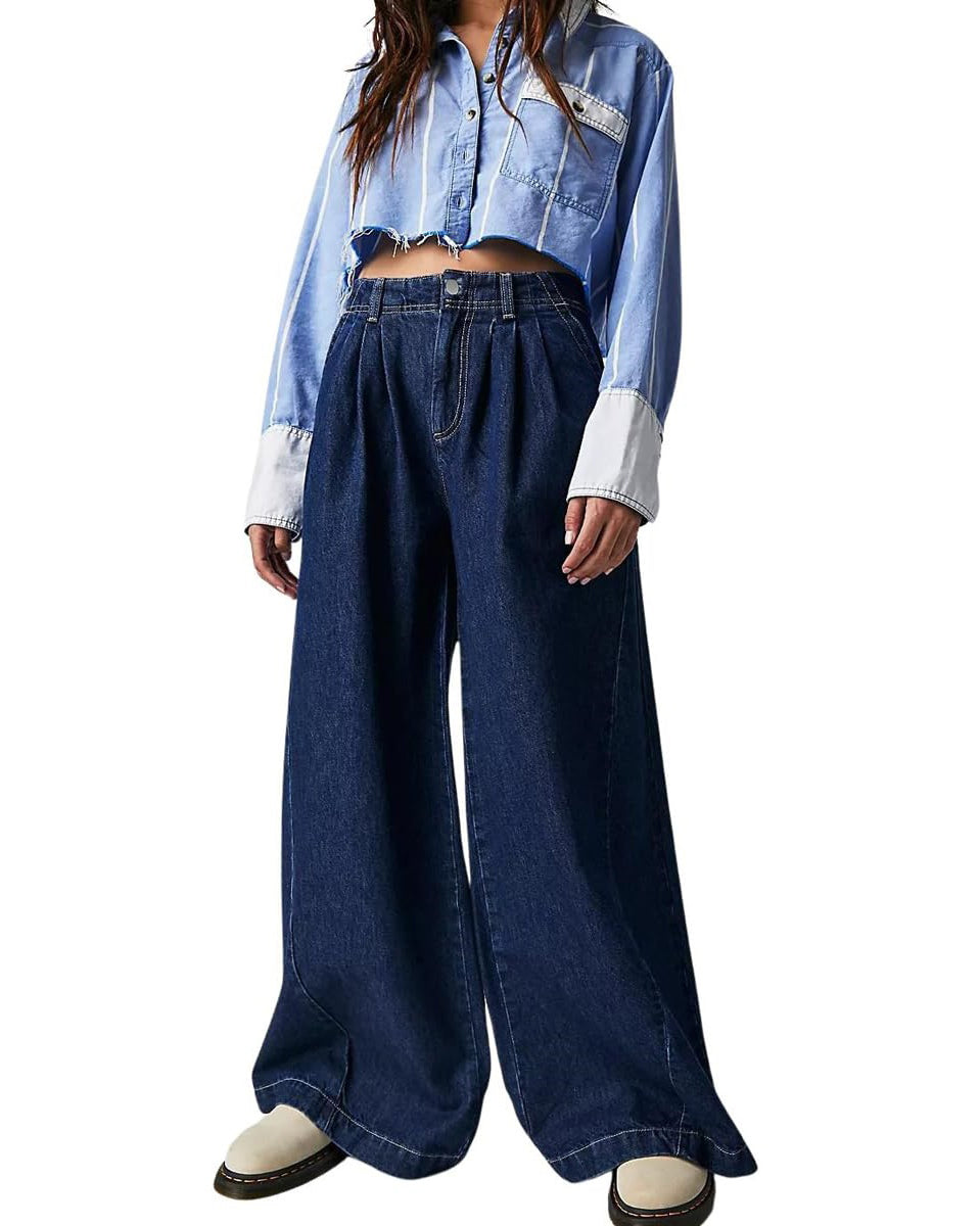 Chouyatou Women's Boyfriend Denim Cargo Pants Y2K Baggy Wide Leg Casual Dressy Jeans Culottes