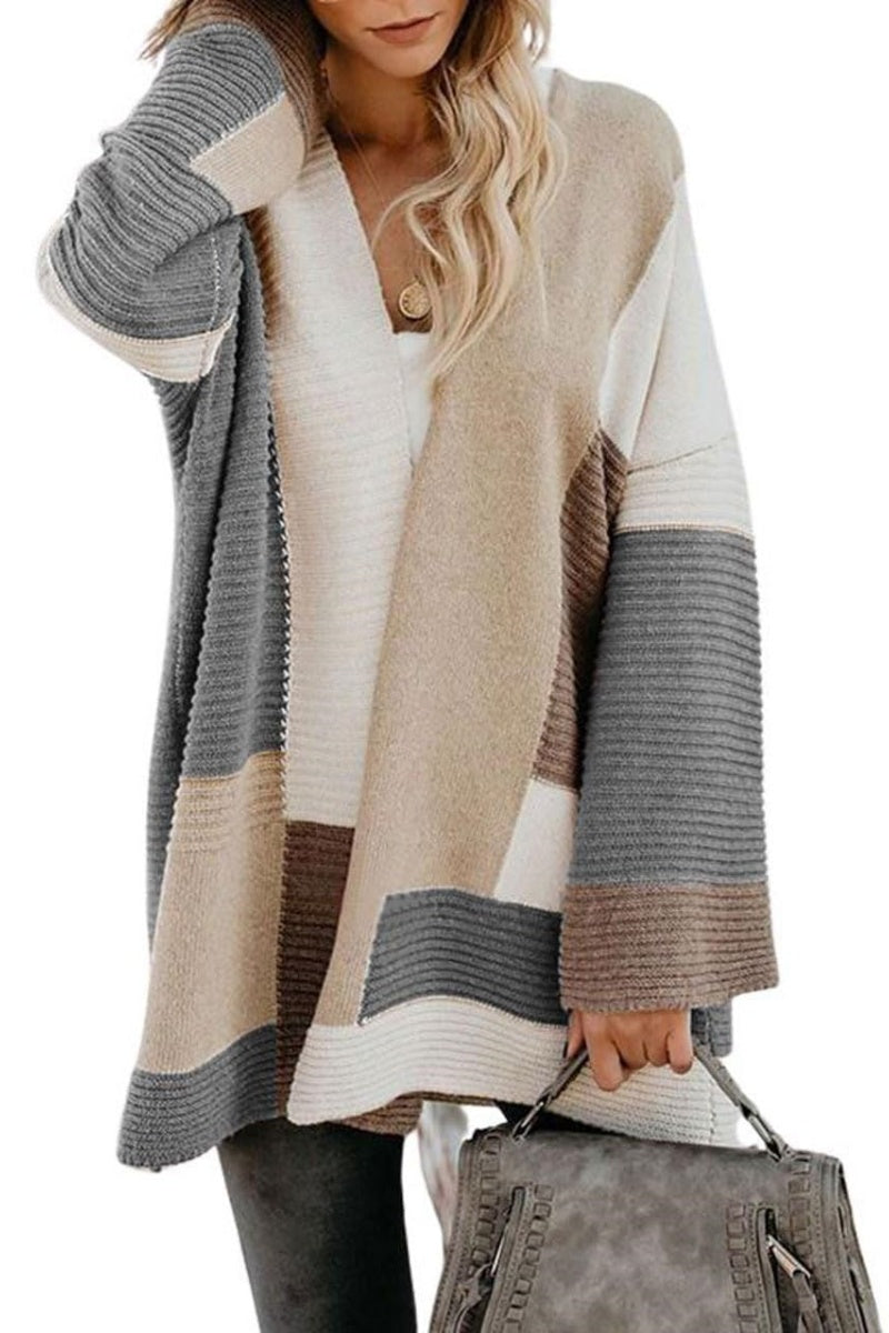 Chouyatou Women's Fall Geometric Color Block Open Front Cardigan Sweater Elegant Casual Oversized Coatigan Coat