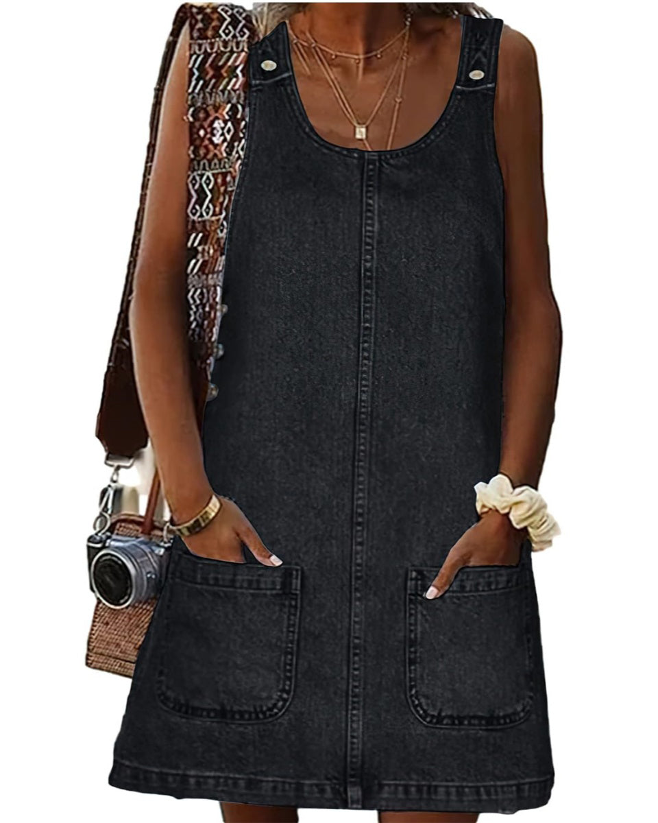 Chouyatou Women's Vintage Distressed Sleeveless Baggy Loose Denim Mini Dress with Pocket