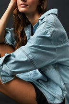 Chouyatou Women's Distressed V Neck Denim Jackets Boyfriend Loose Fit Bussiness Casual Jean Pullover Tops