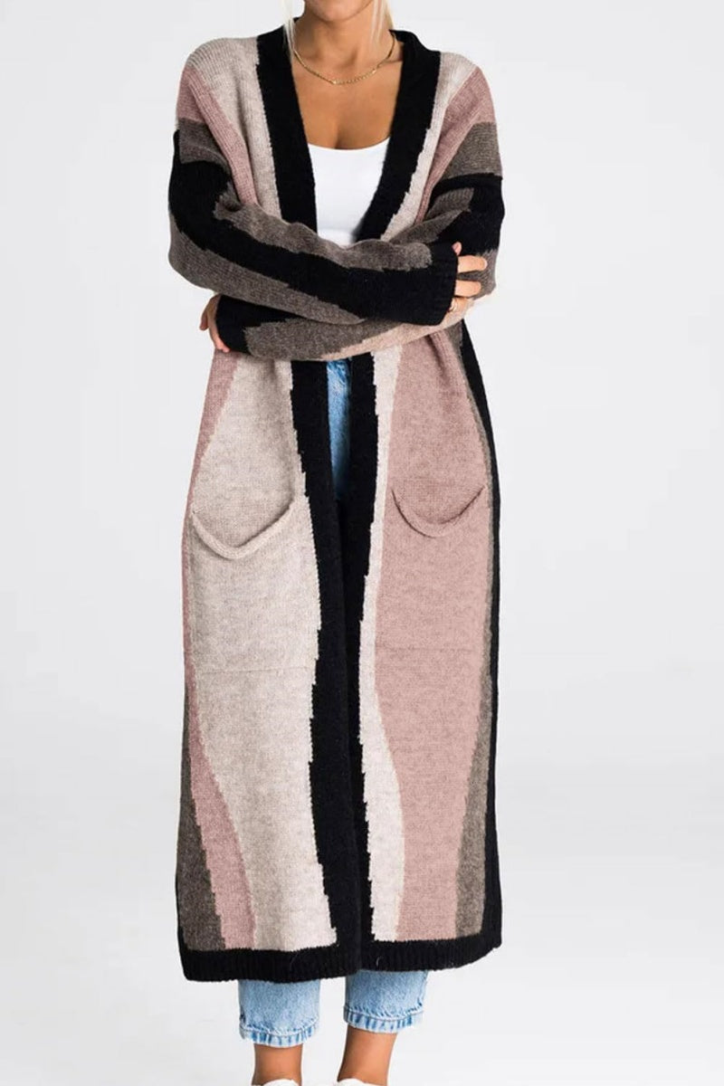 Chouyatou Women's Fall Open Front Color Block Long Cardigan Sweater Coat Casual Vertical Striped Coatigan