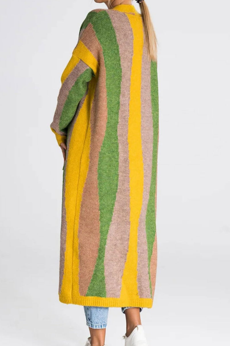 Chouyatou Women's Fall Open Front Color Block Long Cardigan Sweater Coat Casual Vertical Striped Coatigan