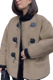 Chouyatou Women's Collarless Button Down Sherpa Fleece Jacket Loose Long Sleeve Outwear Coat With Pockets
