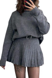 Chouyatou Women's 2 Piece Sweater Skirt Sets Turtleneck Pullover Tops Mini Pleated Skirt Two Piece Knitted Outfits