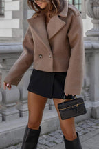 Chouyatou Women Crop Pea Coat Wool Blend Office Work Lapel Collar Short Winter Jacket Trench Coat