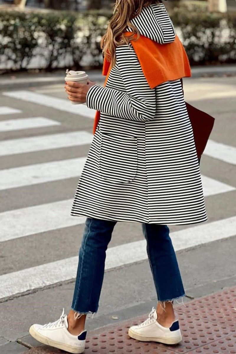Chouyatou Women's Color Block Striped Hooded Cardigan Sweaters Button Down Long Coatigan Jackets with Pockets