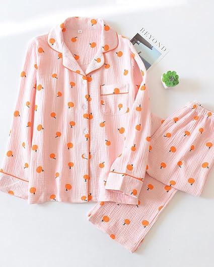 VCTOPS Womens Cotton Gauze Sleepwear  Pajama Set Long Sleeve Button Up Shirt and Pants 2 Piece Cute Printed Pj Set