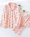 PJCOME Womens Cotton Gauze Pajama Set Long Sleeve Button Up Shirt and Pants 2 Piece Cute Printed Pj Set