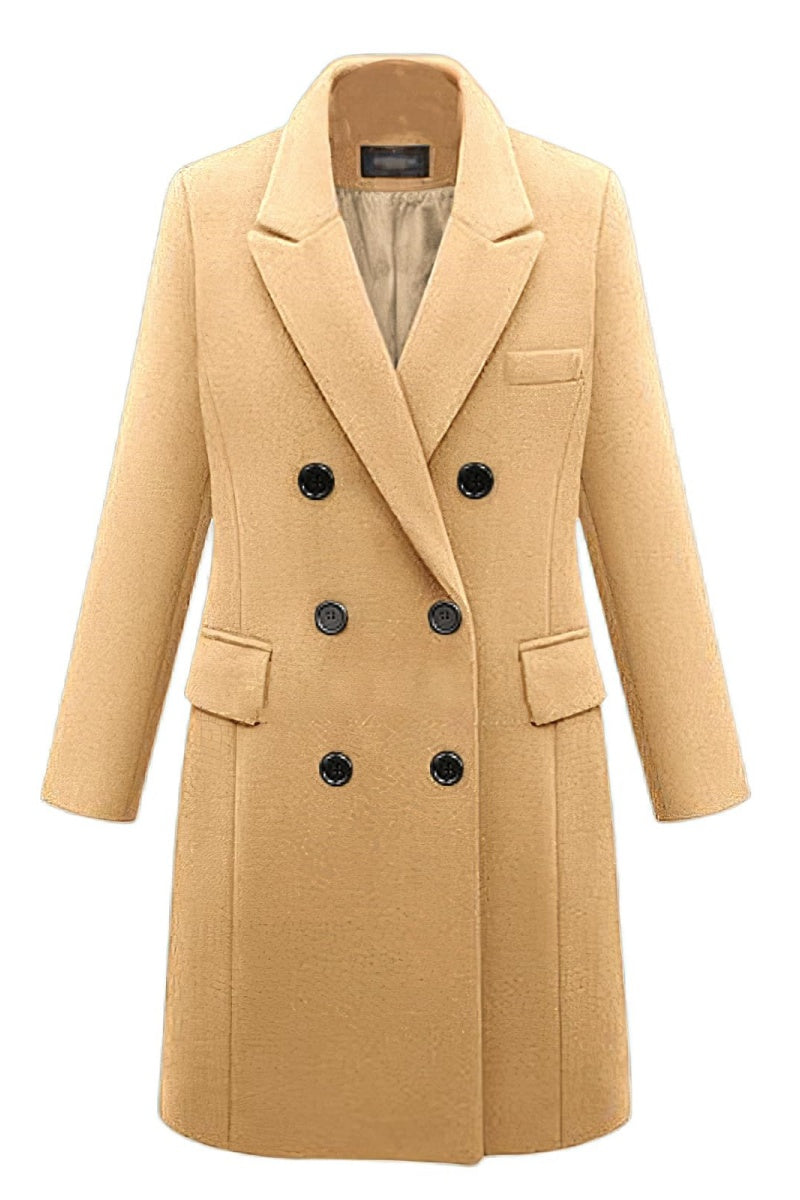 Chouyatou Women's Classic Notched Lapel Double-Breasted Warm Pea Coat Overcoat with Pockets