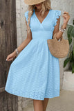 Chouyatou Women's 2024 Eyelet Lace Embroidery Smocked Waist Party Dress Sexy Flutter Sleeve A Line Midi Long Sun Dress