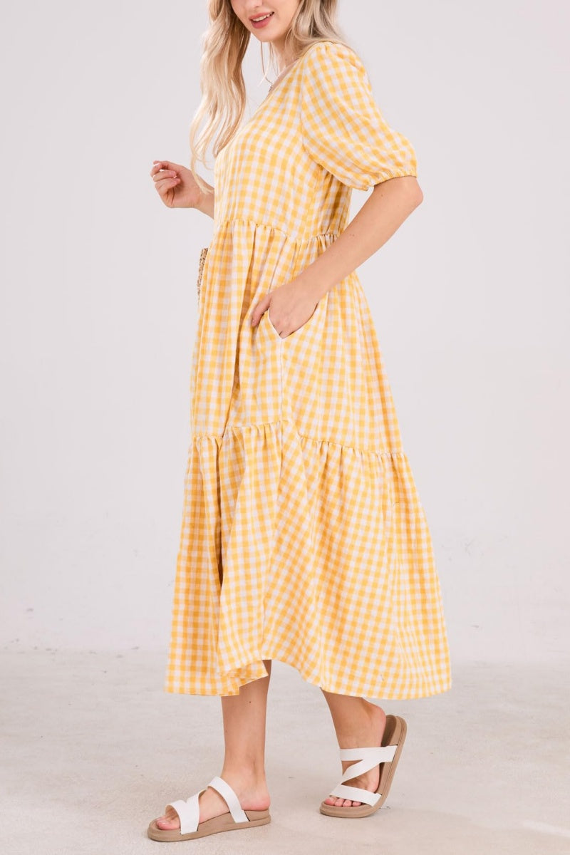 Chouyatou Women's Retro Lantern Puff Sleeve Plaid Dress Gingham Swing Tiered Midi Long Dress