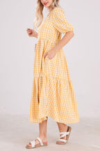 Chouyatou Women's Retro Lantern Puff Sleeve Plaid Dress Gingham Swing Tiered Midi Long Dress
