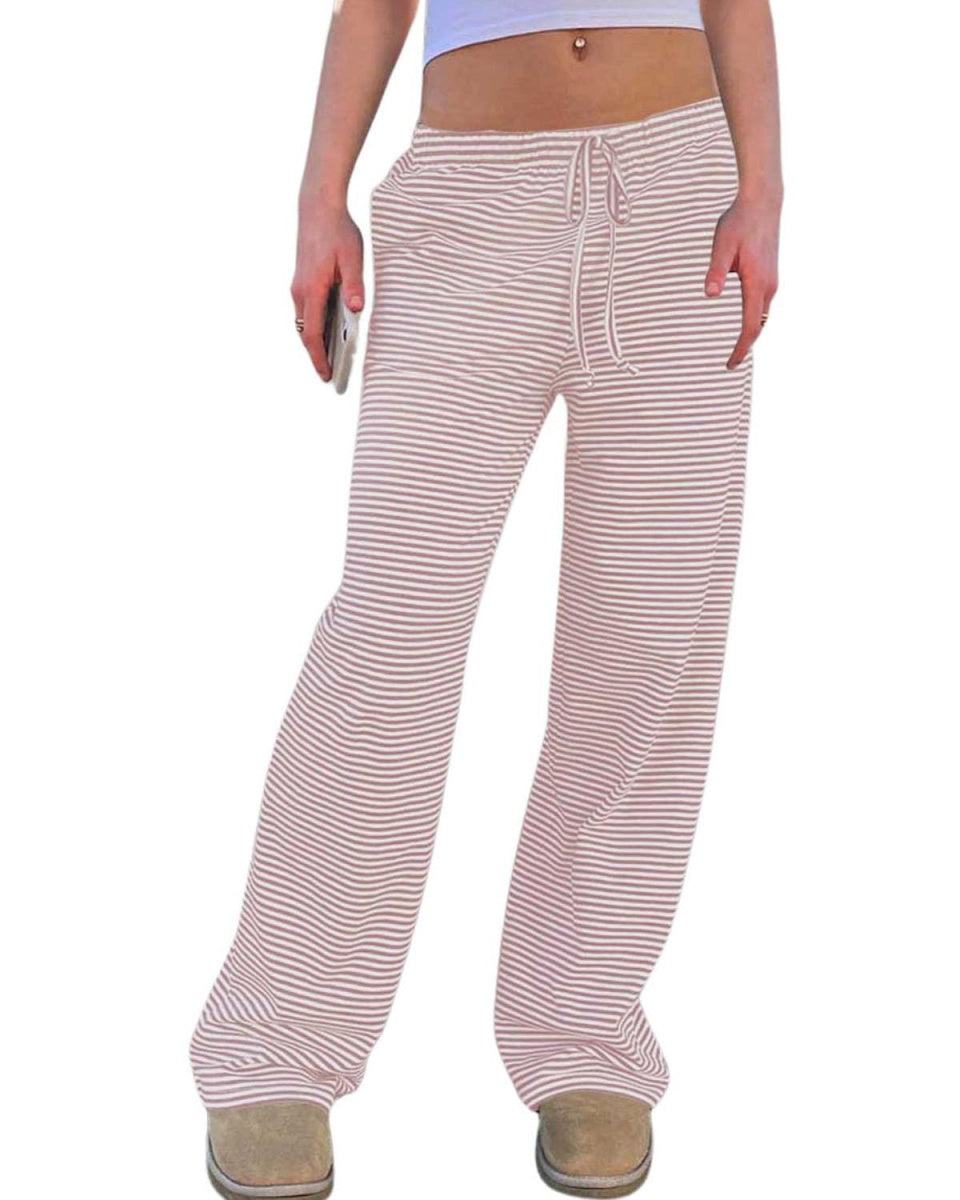 Chouyatou Womens Comfy Pajama Pants Striped Low Waisted Lounge Pants Elastic Waist Drawstring Long Trousers