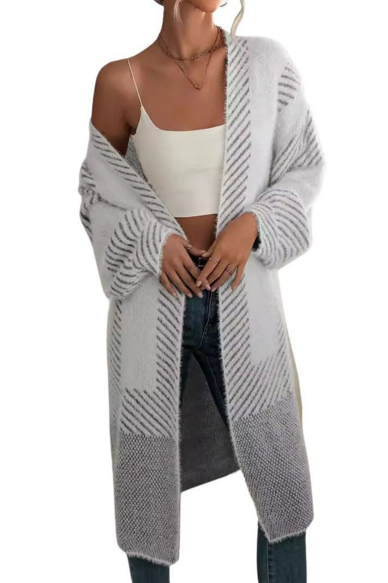 Chouyatou Women's Color Block Striped Fuzzy Long Cardigan Sweaters Open Front Diagonal Stripe Knit Cardigan Jacket Coat