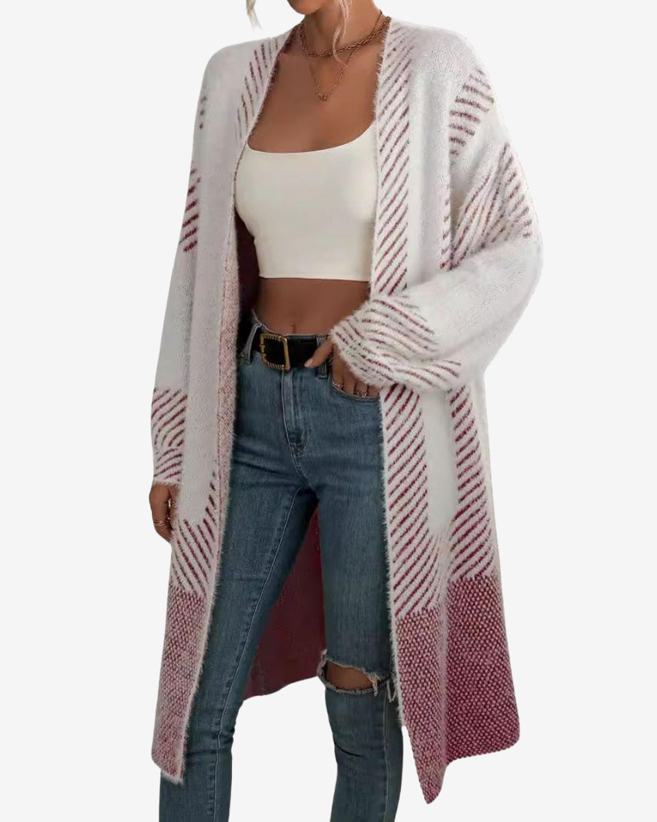 Chouyatou Women's Color Block Striped Fuzzy Long Cardigan Sweaters Open Front Diagonal Stripe Knit Cardigan Jacket Coat