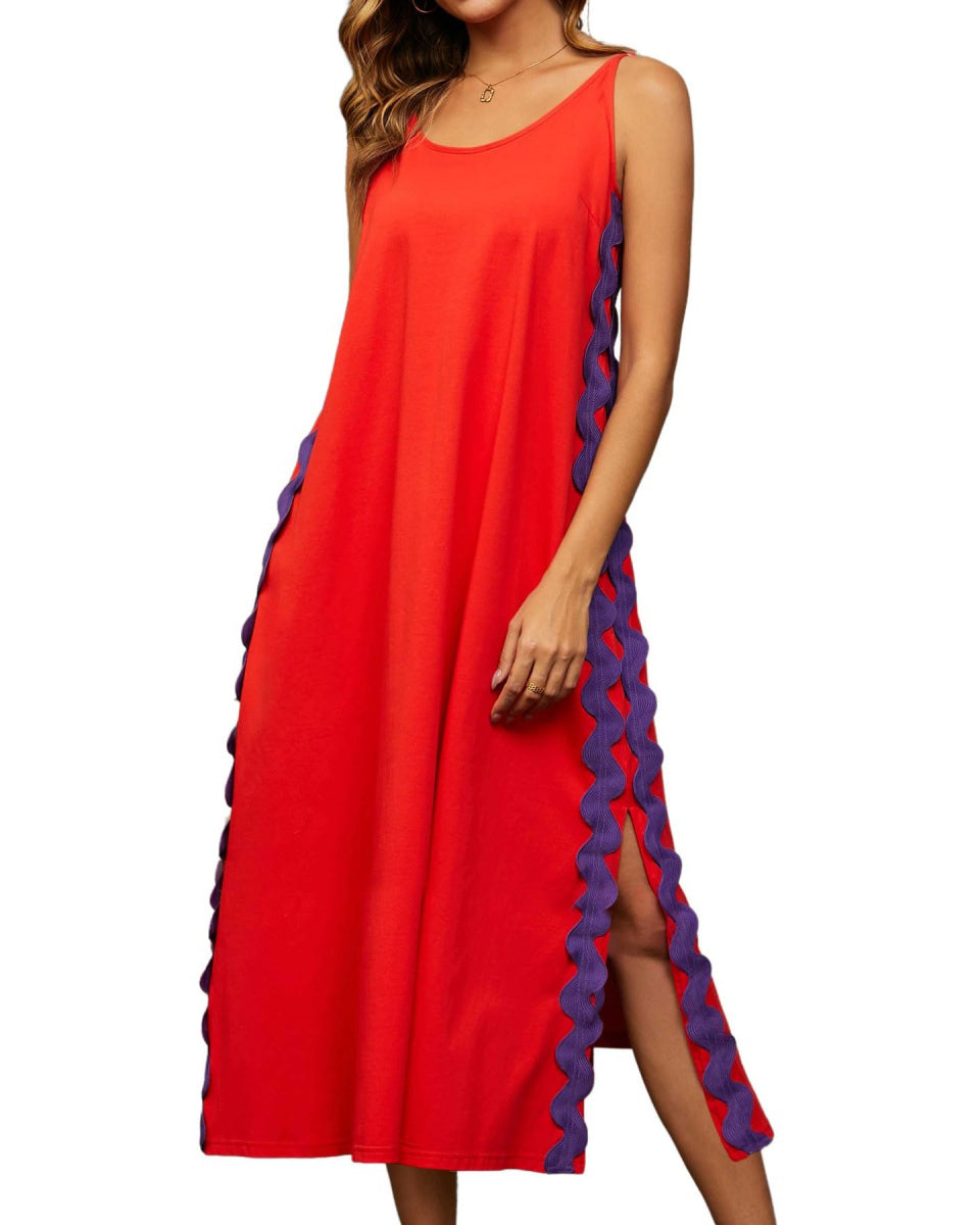 Chouyatou Women's Summer Casual RIC Rac Spaghetti Strap Long Dress Boho Split Sleeveless Beach Sundress
