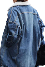 Chouyatou Women Long Sherpa Fleece Lined Jeans Jacket Denim Trench Coat Thicken Button Down Patchwork Trucker Coat