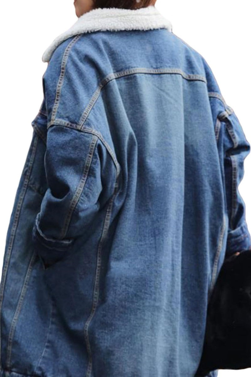 Chouyatou Women Long Sherpa Fleece Lined Jeans Jacket Denim Trench Coat Thicken Button Down Patchwork Trucker Coat