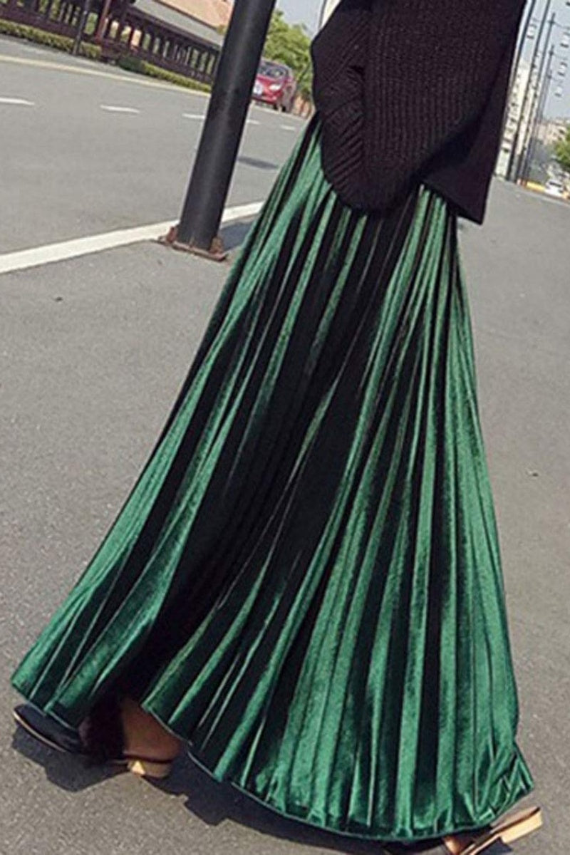 Chouyatou Women's Fall Winter High Wasit Ankle Length Velvet Maxi Long Pleated Skirt